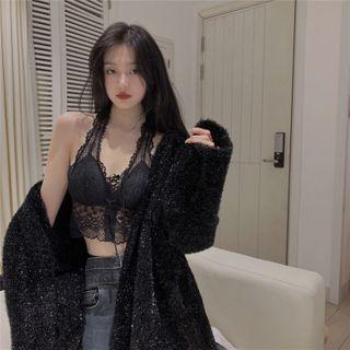Long-sleeve Glitter Cardigan / Frill Trim Lace Camisole
