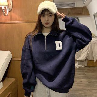 Zip-neck Letter Applique Fleece-lined Sweatshirt