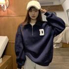 Zip-neck Letter Applique Fleece-lined Sweatshirt
