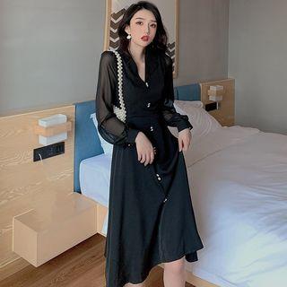 Mesh Sleeve Buttoned A-line Midi Dress