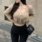V-neck Cropped Cardigan Khaki - One Size
