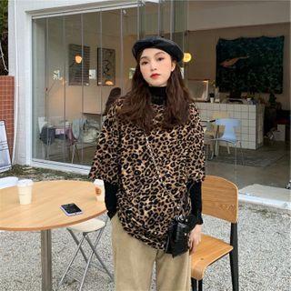 Elbow-sleeve Leopard Print T-shirt Leopard - Khaki & Black - One Size