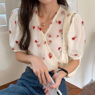 Puff-sleeve V-neck Embroidered Rose Mesh Top As Show In Figure - One Size