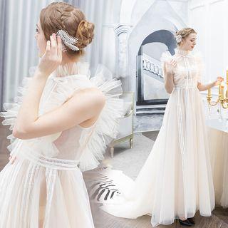 Sleeveless Mesh Ruffled Wedding Dress