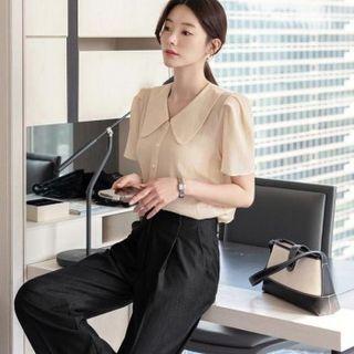 Puff-shoulder Wide-collar Blouse