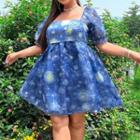 Short-sleeve Square Neck Print Mesh Mini A-line Dress
