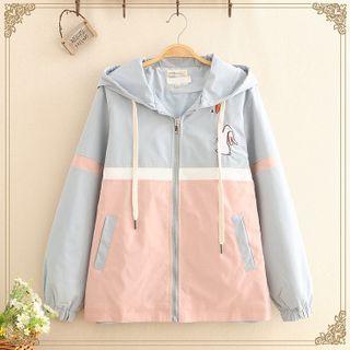Rabbit Embroidered Two-tone Hooded Zip Jacket