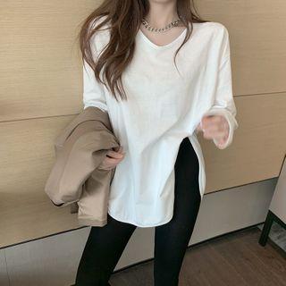 Plain Long-sleeve Slit T-shirt White - One Size