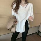 Plain Long-sleeve Slit T-shirt White - One Size