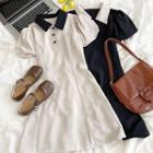 Puff-sleeve Polo Collar A-line Dress
