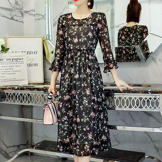 3/4-sleeve Floral Print Chiffon Midi A-line Dress