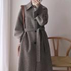 Tie-waist Houndstooth Woolen Coat