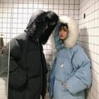 Couple Matching Furry-lined Hooded Print Padded Jacket