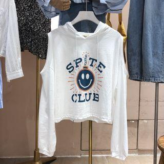 Smiley Face Print Cold-shoulder Long-sleeve T-shirt
