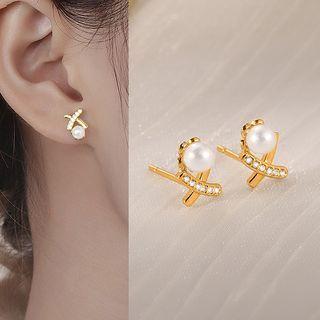 Sterling Silver Faux Pearl Rhinestone Stud Earring 1 Pair - White & Gold - One Size