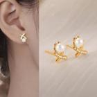 Sterling Silver Faux Pearl Rhinestone Stud Earring 1 Pair - White & Gold - One Size