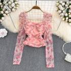 Puff Sleeve Ruched Floral Chiffon Blouse