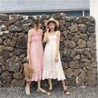 Short-sleeve Lapel Collar Shirt / Strappy Midi A-line Dress