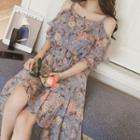 Short-sleeve Floral Print Cold Shoulder Midi Dress