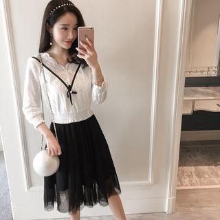 Eyelet Lace Panel Midi A-line Dress