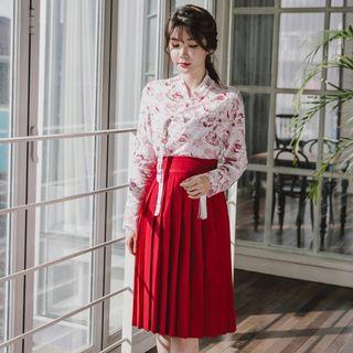 Set: Hanbok Top (floral / Wine Red) + Skirt (midi / Red)