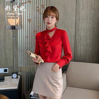 Long-sleeve Ruffle Trim Cutout Blouse