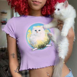 Lettuce Edge Cat Print Cropped T-shirt