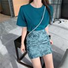 Short-sleeve Plain T-shirt / Floral Print Mini Pencil Skirt