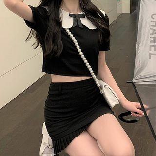 Contrast Collar Crop Top / Mini Pencil Skirt