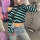 Long-sleeve Off-shoulder Striped Cropped Top