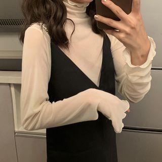 Long-sleeve Turtle-neck Chiffon Top