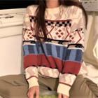 Patterned Sweater Blue & Brick Red & Beige - One Size