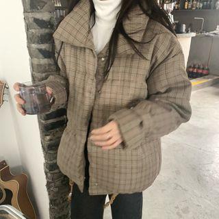 Padded Plaid Button Jacket Plaid - Khaki - One Size