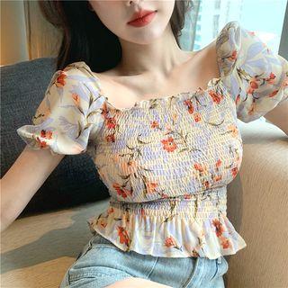 Floral Short-sleeve Slim-fit Blouse