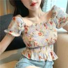 Floral Short-sleeve Slim-fit Blouse