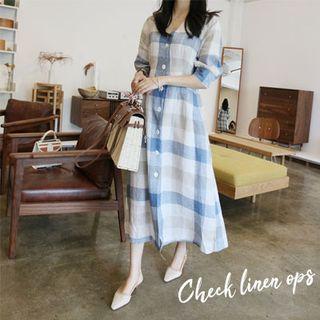 Linen Blend Checked Maxi Shirtdress