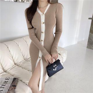Long-sleeve Button-up Slit Knit Sheath Dress