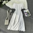 Off-shoulder Short-sleeve Perforated Midi A-line Dress White - One Size