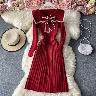 Lace-trim Sailor-collar Pleated Knit Dress