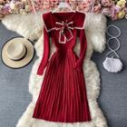 Lace-trim Sailor-collar Pleated Knit Dress