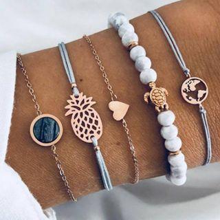 Set Of 5 : Pineapple / Heart / Turtle / World Map Bracelet / String Bracelet Ab252 - Gray & Gold - One Size
