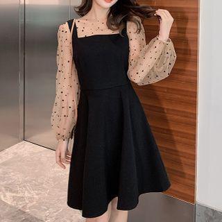 Set: Star Print Mesh Top + Mini A-line Pinafore Dress