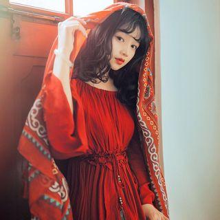 Off-shoulder Long-sleeve Maxi Dress