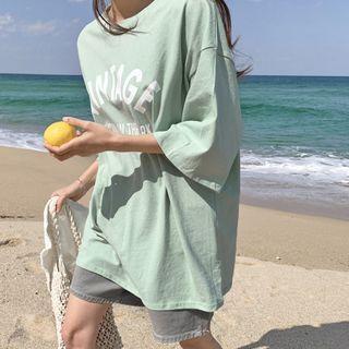 Drop-shoulder Letter Print T-shirt Mint Green - One Size