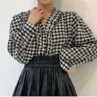Long-sleeve Check Ruffled V-neck Blouse / Faux Leather Mini A-line Skirt