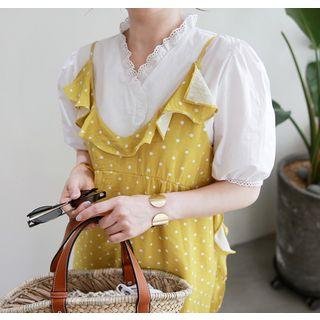 Puff-shoulder Crochet-trim Blouse