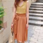 Buttoned Sleeveless Knit Top / Tie-waist Midi Skirt