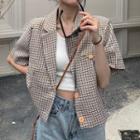 Short-sleeve Plaid Cropped Blazer Coffee - One Size