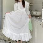 Long-sleeve Frill Trim Maxi Dress White - One Size