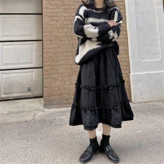 High-waist Ruffle Trim Midi A-line Skirt